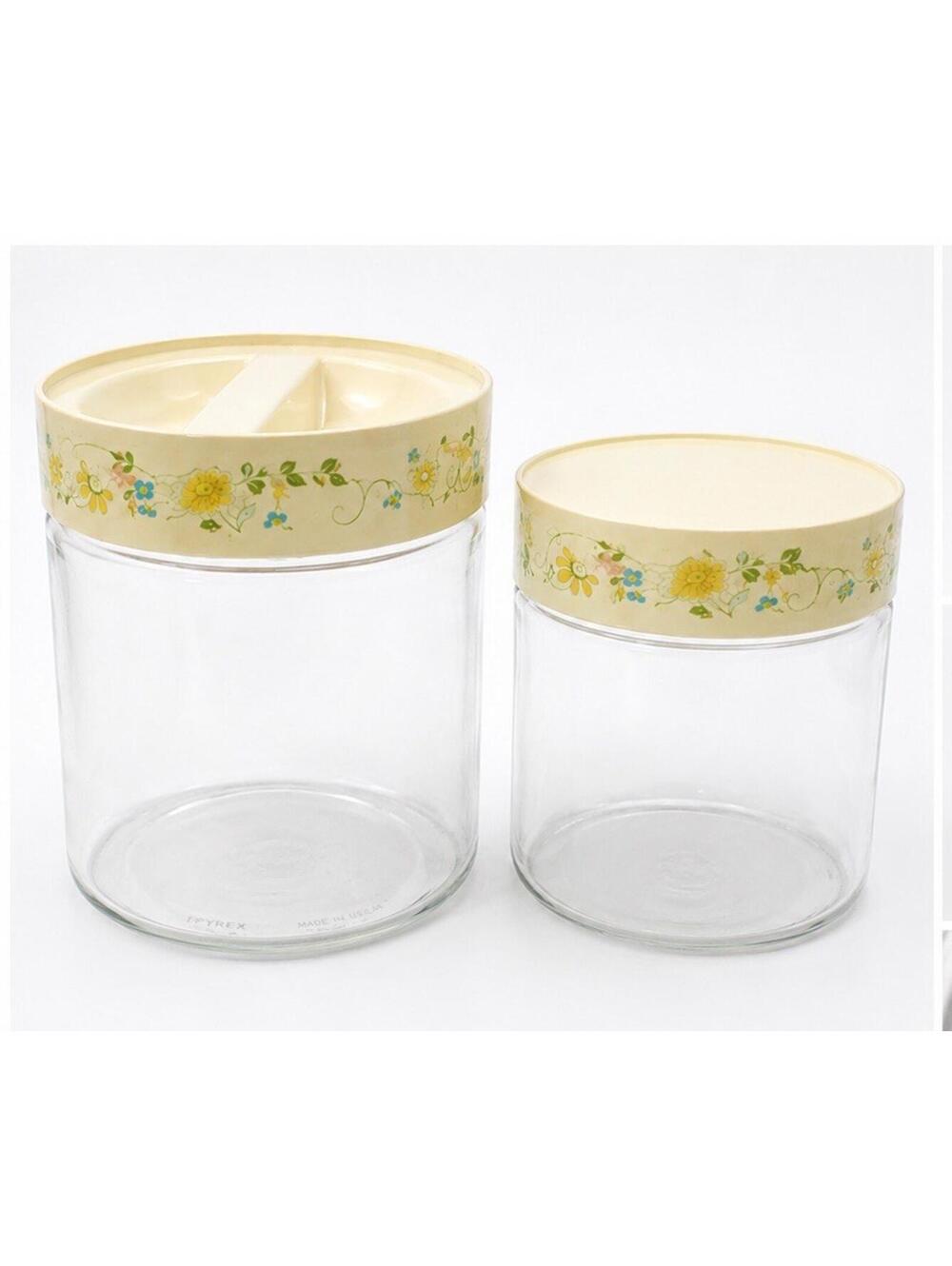 Vintage 1970s Pyrex Wildflowers Glass Canister Set Floral Tan Lids USA